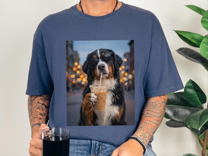 Comfort Colors Bernese Mountain Dog Iced Coffee Shirt, Cool Dog Drinking Coffee Tee, Berner Mom Dad Gifts, Summer Vacation Dog Lover Graphic image 6