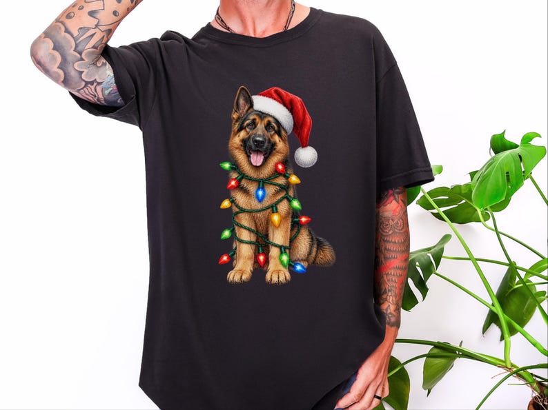 Camiseta navideña de pastor alemán, regalo navideño para perros, sudadera para mamás de pastor alemán, camiseta con luces navideñas, regalo para dueños de perros imagen 4