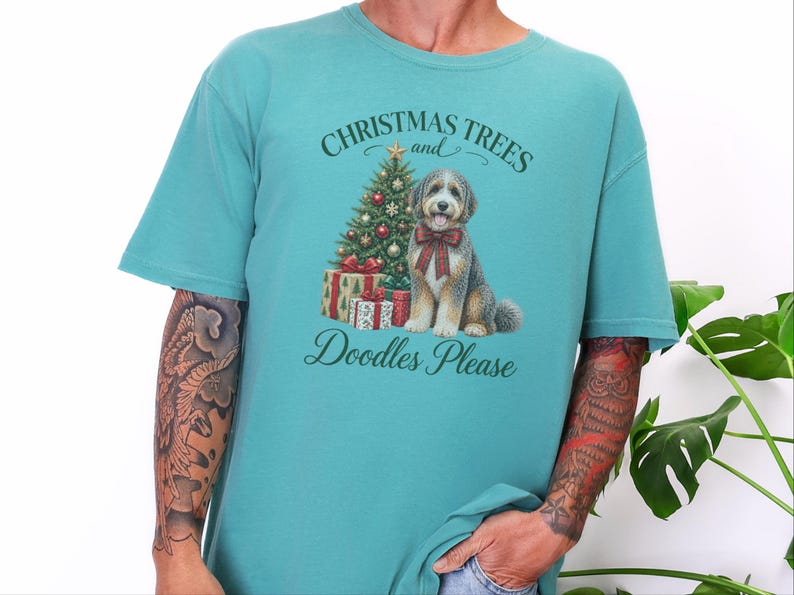 Aussiedoodle jultröja, julklapp för husdjursälskare, julgranar och klotter tack, hundmamma-tröja, festlig valptröja bild 5