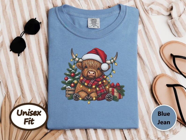 Highland Cow Christmas Shirt, Festive Highland Cow Gift, Christmas Lights Crewneck, Holiday Animal Sweater image 5