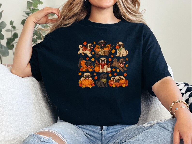 Camiseta de perro pug, regalo para mamá de pug, sudadera de otoño para perros, camiseta para amantes de los pugs, camiseta de calabaza de otoño imagen 5