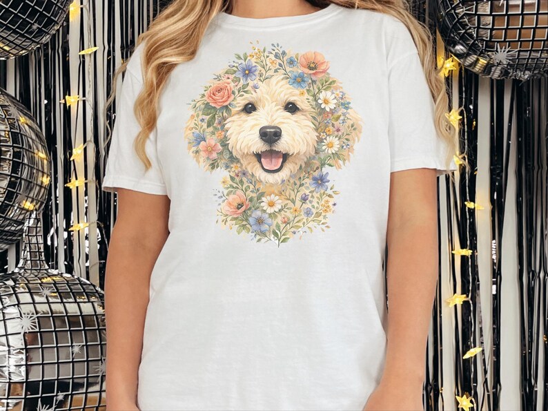 Comfort Colors Doodle Dog Gift, Golden Doodle Floral Tee, Watercolor Dog Art, Goldendoodle Owner Gift, Spring Summer, Goldendoodle Print immagine 3