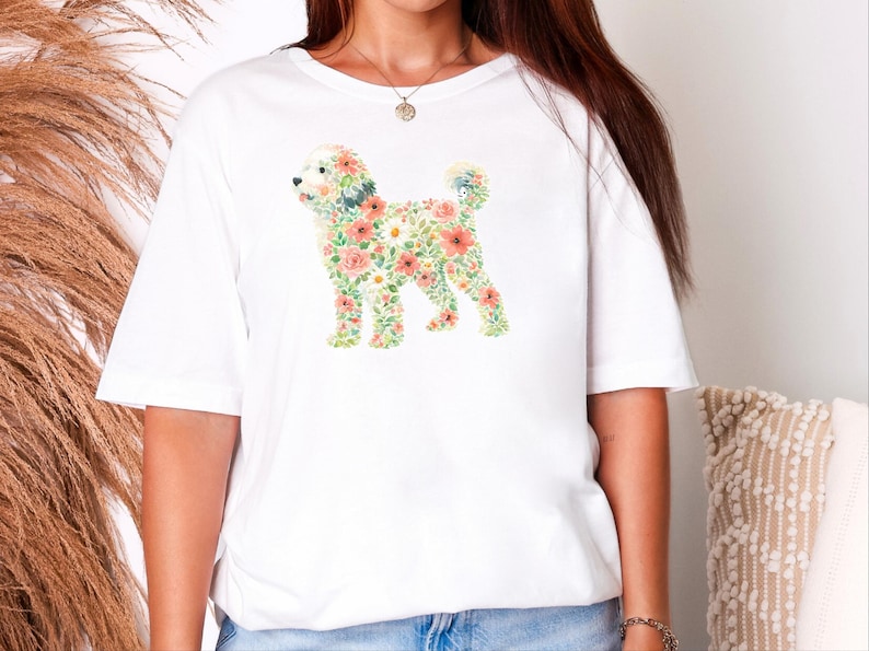 Sheepadoodle T-Shirt, Floral Sheepadoodle Silhouette Art Print, Boho Pet Lover Gift, Whimsical Doodle Art, Dog Mom Present image 1