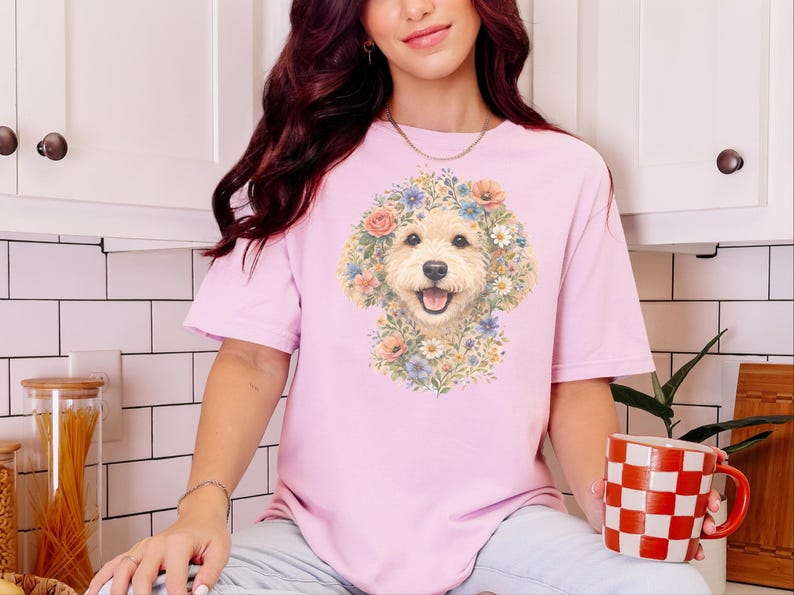 Comfort Colors Golden Labradoodle Shirt, Labradoodle Floral Face Design, Goldendoodle Mom Watercolor Pet Art, Cottagecore Print image 7
