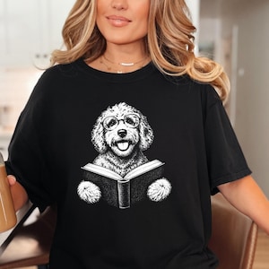 Goldendoodle Shirt, Book Lover Gift, Dog Reading Shirt, Doodle Mom Gift, Bookish Dog Tee, Vintage Doodle Shirt, Reader Gift image 1