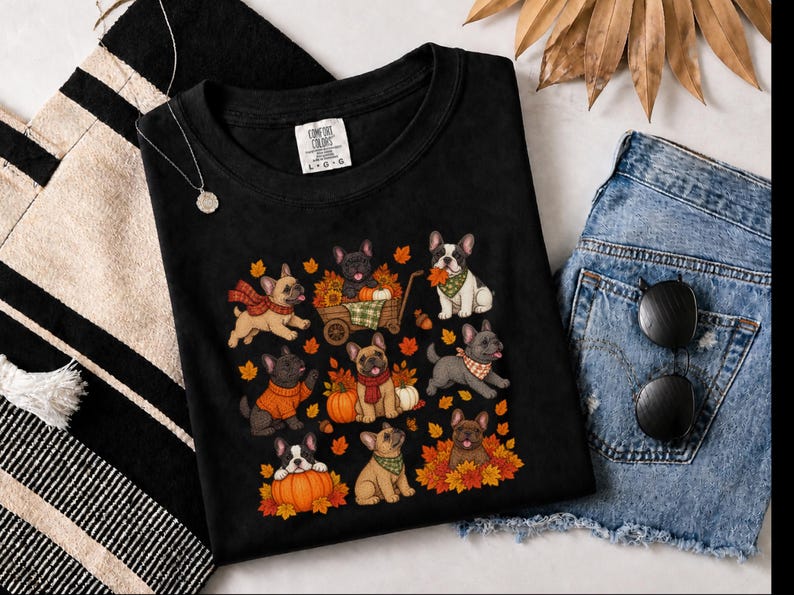 French Bulldog Fall Shirt, Frenchie Mom Gift, Autumn Dog Lover Tee, Pumpkin Season Sweater, Cute Puppy Graphic Top image 1