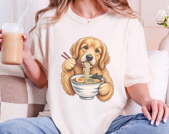 Golden Retriever shirt, cadeau voor ramenliefhebbers, grappig hondenshirt, Japanse voedselkunst, T-shirt voor noedelliefhebbers, cadeau voor een Golden Retriever mama