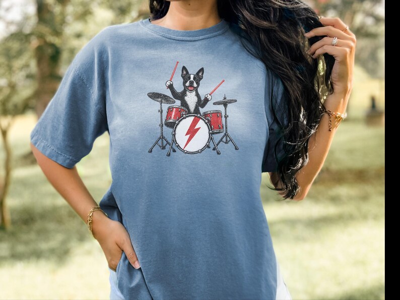 Boston Terrier Shirt, Drummer Gift Idea, Rock Dog Tee, Music Lover Present, Boston Terrier Art, Funny Dog Shirt image 2