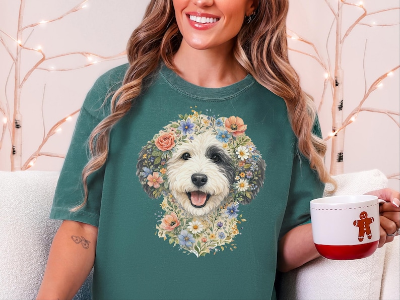 Comfort Colors Sheepadoodle T-shirt, Doodle Pet Art, Botanical Pet Lover Gift, Sheepadoodle Floral Face Spring Tee, Funny Pet Mom Shirt, Tee image 1