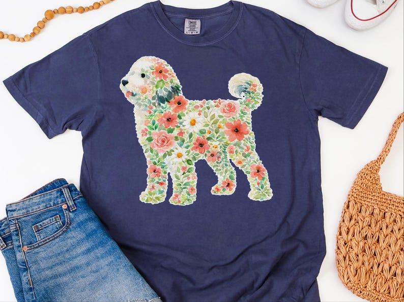 Wydruk artystyczny z owczarkiem w kolorach Comfort Colors, koszulka z kwiatowym motywem owczarka, prezent dla miłośnika psów z motywem botanicznym, spersonalizowany portret zwierzaka, koszulka dla mamy z rysunkiem zdjęcie 4
