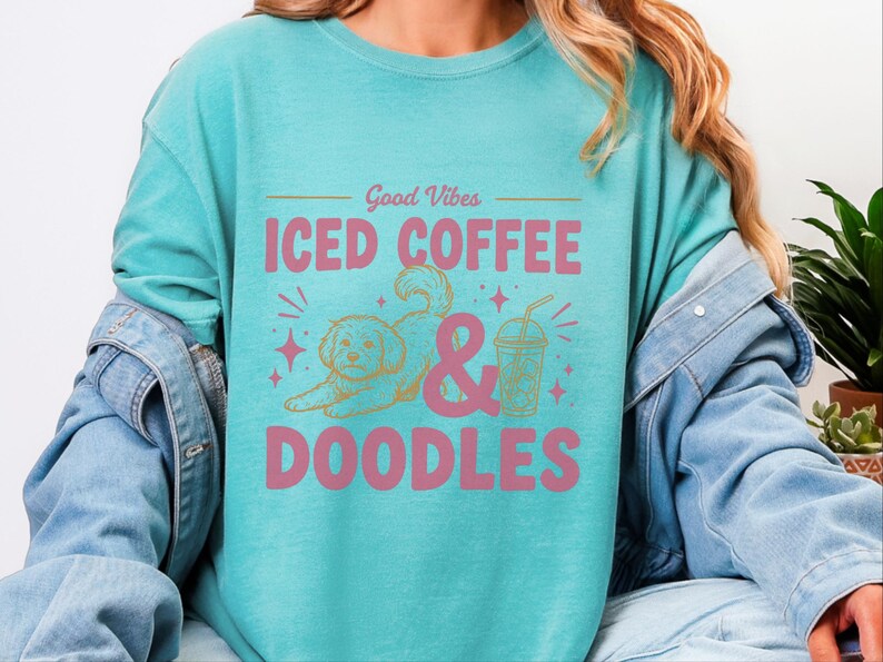 Comfort Colors Dog Coffee Tee, Goldendoodle Labradoodle Mom Iced Coffee Crewneck, Iced Coffee, Doodles and Good Vibes Sweatshirt image 7
