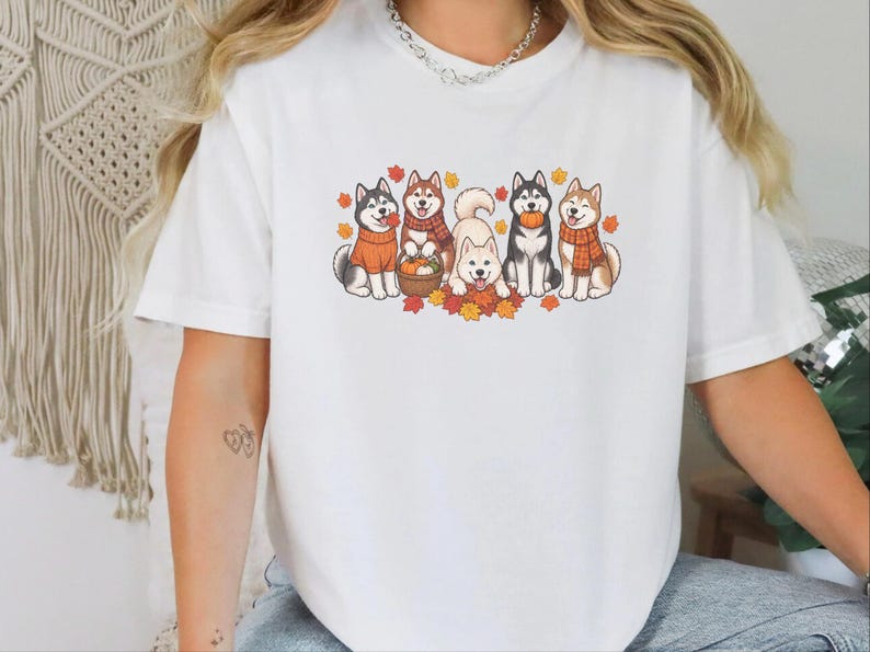 Autumn Dog Shirt, Husky Lover Gift, Fall Huskies Gathering Sweatshirt, Siberian Husky Dad Tee, Cute Puppy Pumpkin Fall Apparel afbeelding 8
