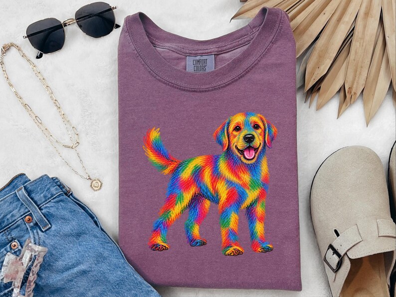 Colorful Dog Shirt, Dog Lover Gift, Golden Retriever Tee, Rainbow Pet Owner Present, Doodle Art Shirt image 7