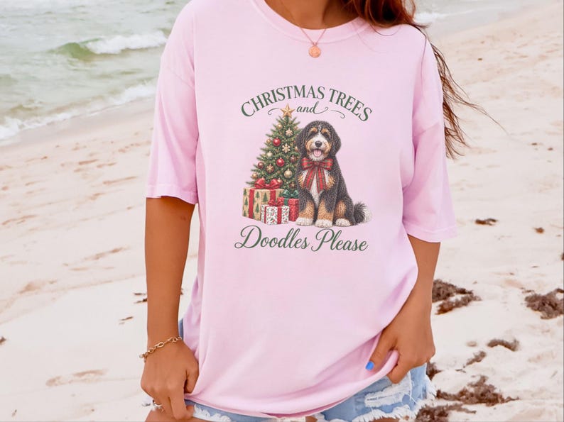 Bernedoodle Christmas Shirt, Christmas Trees And Doodles Please, Bernedoodle Mom Gift, Holiday Dog Lover Tee, Dog Owner Present image 2