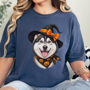 Halloween Husky Shirt, Husky Dog Mom Gift, Spooky Witch Dog Tee, Pet Lover Halloween Shirt image 2