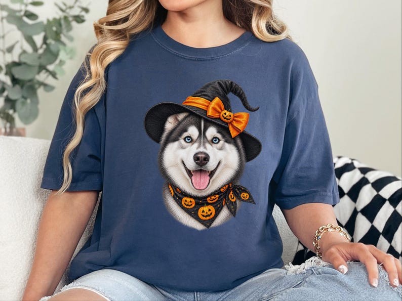 Halloween Husky Shirt, Husky Dog Mom Gift, Spooky Witch Dog Tee, Pet Lover Halloween Shirt image 2