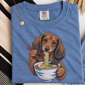 Dachshund Ramen Shirt, Wiener Dog Gift, Long Haired Doxie Tee, Japanese Food Art, Noodle Lover Shirt, Doxie Mom Gift image 3