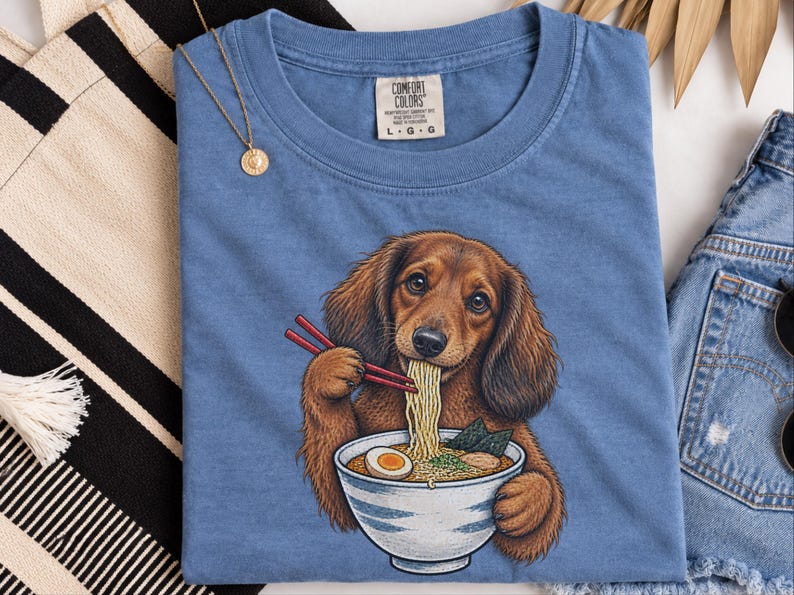 Dachshund Ramen Shirt, Wiener Dog Gift, Long Haired Doxie Tee, Japanese Food Art, Noodle Lover Shirt, Doxie Mom Gift image 3