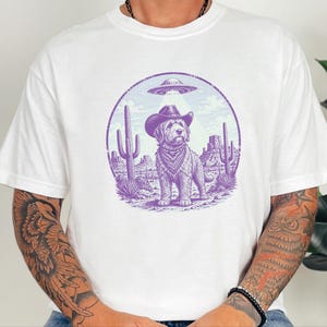 Comfort Colors Cowboy Retro Labradoodle Sweatshirt | Vintage Goldendoodle UFO Crewneck | Southwestern Extraterrestrial Abduction Space image 9