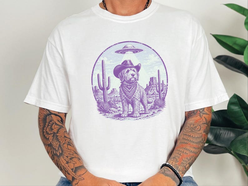 Comfort Colors Cowboy Retro Labradoodle Sweatshirt | Vintage Goldendoodle UFO Crewneck | Southwestern Extraterrestrial Abduction Space image 9