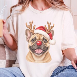 Maglietta natalizia con bulldog francese, regalo per la mamma di un cane per le feste, felpa festiva con bulldog francese, maglietta natalizia con cucciolo, per gli amanti del bulldog francese immagine 10