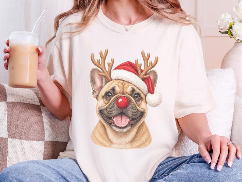 Maglietta natalizia con bulldog francese, regalo per la mamma di un cane per le feste, felpa festiva con bulldog francese, maglietta natalizia con cucciolo, per gli amanti del bulldog francese immagine 10