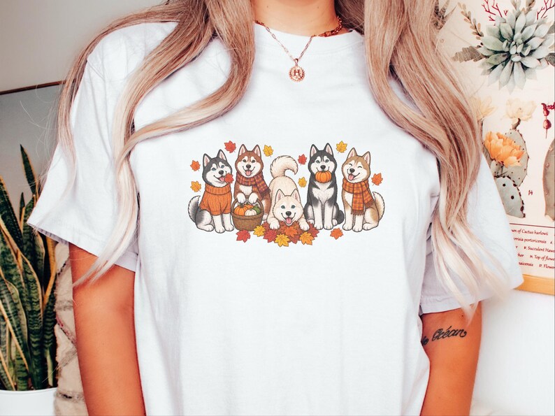 Autumn Dog Shirt, Husky Lover Gift, Fall Huskies Gathering Sweatshirt, Siberian Husky Dad Tee, Cute Puppy Pumpkin Fall Apparel afbeelding 6