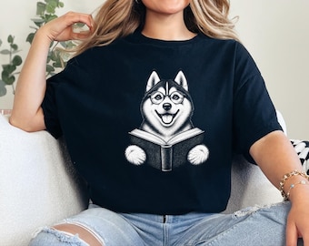 Husky Reading Shirt, Husky Dog Gift, Bookish Dog Tee, Dog Reading Shirt, Husky Mom Gift