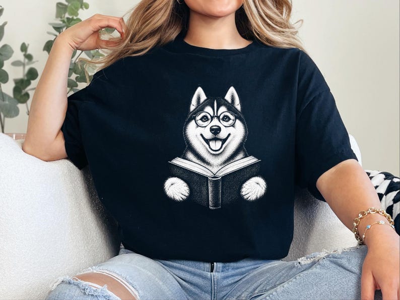 Husky Reading Shirt, Husky Dog Gift, Bookish Dog Tee, Dog Reading Shirt, Husky Mom Gift image 1