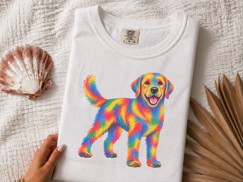 Colorful Dog Shirt, Dog Lover Gift, Golden Retriever Tee, Rainbow Pet Owner Present, Doodle Art Shirt image 9