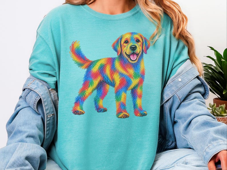 Colorful Dog Shirt, Dog Lover Gift, Golden Retriever Tee, Rainbow Pet Owner Present, Doodle Art Shirt image 4