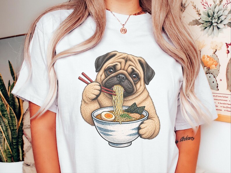 Pug Lover Shirt, Ramen Tee, Noodle Lover Gift, Pug Dad Shirt, Pug Mom Gift, Funny Dog Shirt, Japanese Food Tee, Anime Fan Shirt, Kawaii Food image 4