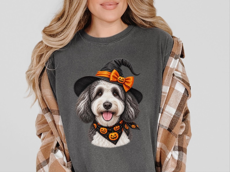 Halloween Dog Shirt, Sheepadoodle Gift, Witch Dog Shirt, Sheepadoodle Mom, Spooky Dog Tee, Doodle Mom Gift image 1