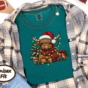 Highland Cow Christmas Shirt, Festive Highland Cow Gift, Christmas Lights Crewneck, Holiday Animal Sweater image 9