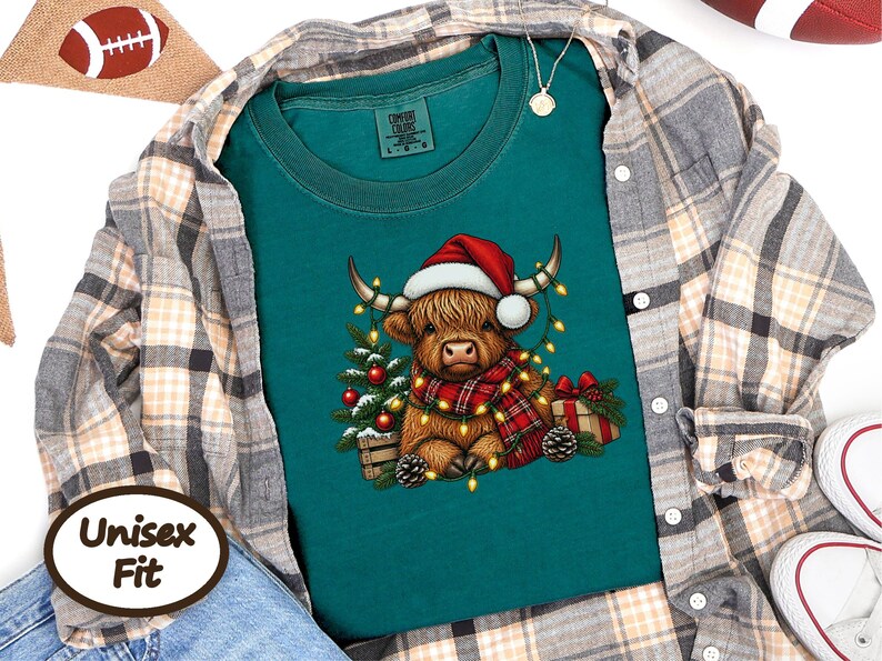 Highland Cow Christmas Shirt, Festive Highland Cow Gift, Christmas Lights Crewneck, Holiday Animal Sweater image 9