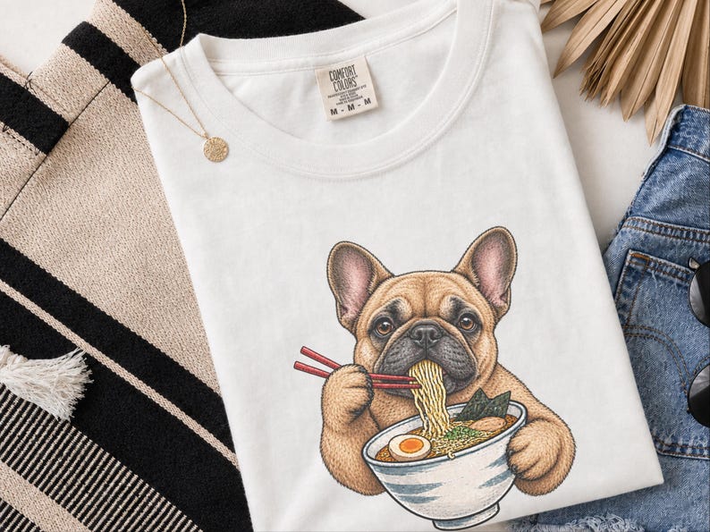Frenchie Ramen Shirt, Japans Noodle Dog Shirt, Grappig Cadeau voor een Franse Bulldog, Sweatshirt voor Foodieliefhebbers, Top met Ramenkom Grafische Afbeelding afbeelding 2