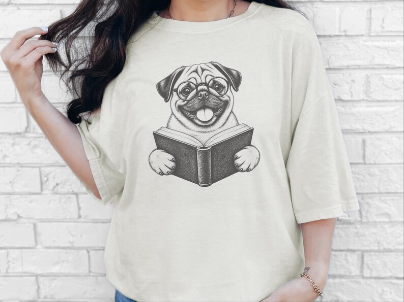 Pug Shirt, Reading Pug Dog Lover Gift, Pug Mom Shirt, Bookish Dog Tee, Librarian Shirt image 8