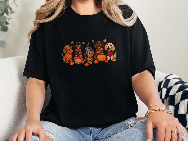 Dachshund Fall Shirt, Autumn Dog Lover Gift, Wiener Dog Sweater, Cute Fall Doxie Tee, Sausage Dog Fall Shirt imagen 6