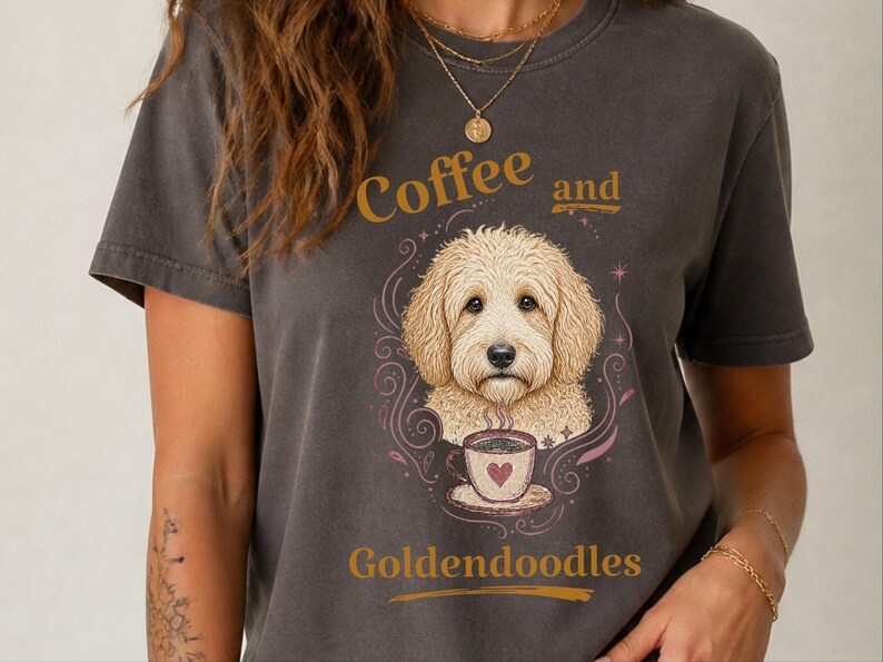 Comfort Colors Coffee Dog Shirt, Goldendoodle Art Tee, Coffee And Goldendoodles Print, Dog Mama Coffee Lover, Whimsical Pet Graphic Tee image 2