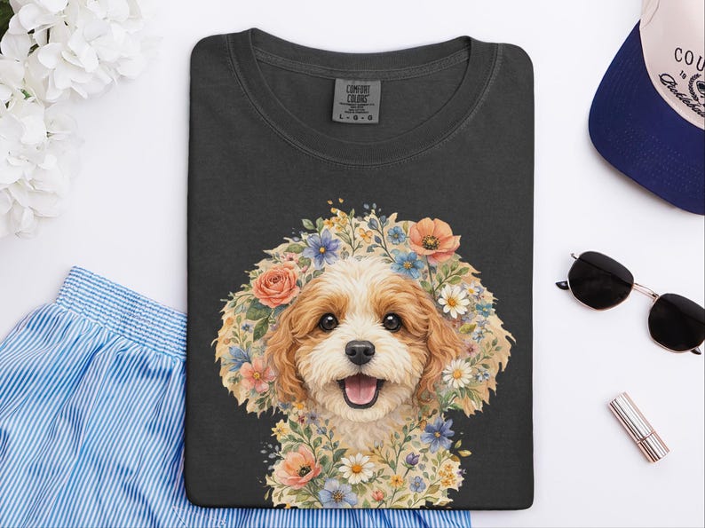Camiseta Comfort Colors com estampa floral para cachorro, estampa de rosto de Cavapoo | Retrato moderno de pet para mães de cachorro | Arte vintage de animais, presente para donos, camiseta com estampa de rosto de pet imagem 3