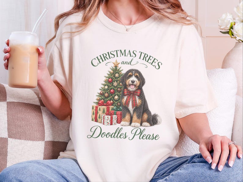 Bernedoodle Christmas Shirt, Christmas Trees And Doodles Please, Bernedoodle Mom Gift, Holiday Dog Lover Tee, Dog Owner Present image 1