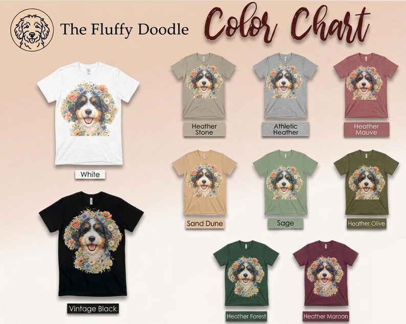 Bernedoodle Tee, Floral Crown Dog Portrait, Custom Pet Art Shirt, Doodle Mama Shirt, Whimsical Animal Print, Pastel Spring Summer Dog Lovers image 9