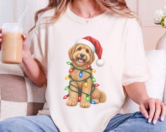 Kerstshirt voor Labradoodles, Feestelijk shirt voor huisdieren, Kerstcadeau voor hondenmoeders, Labradoodle-cadeau, T-shirt met kerstverlichting, Kerstcadeau voor hondenliefhebbers