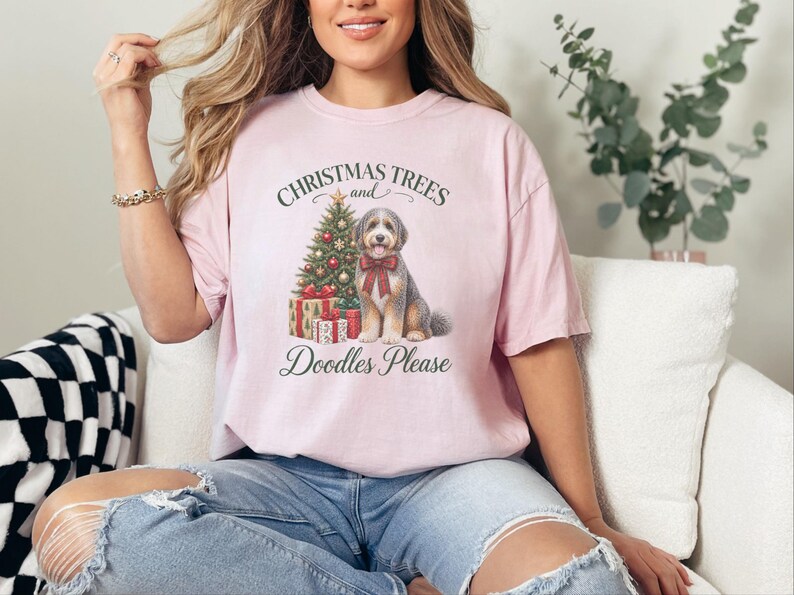 Aussiedoodle jultröja, julklapp för husdjursälskare, julgranar och klotter tack, hundmamma-tröja, festlig valptröja bild 7