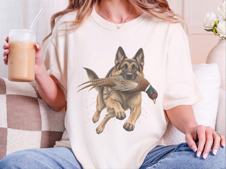 T-shirt met Duitse Herder, cadeau voor fazantenjacht, T-shirt met natuurafbeeldingen, T-shirt voor hondenliefhebbers, cadeau-idee voor jagers, cadeau voor een Duitse Herder afbeelding 2