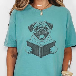 Pug Shirt, Reading Pug Dog Lover Gift, Pug Mom Shirt, Bookish Dog Tee, Librarian Shirt image 3