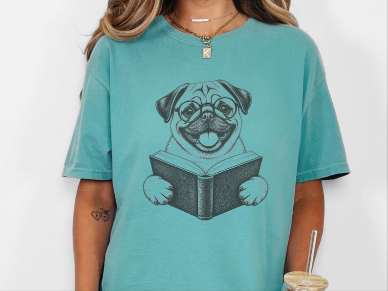 Pug Shirt, Reading Pug Dog Lover Gift, Pug Mom Shirt, Bookish Dog Tee, Librarian Shirt image 3