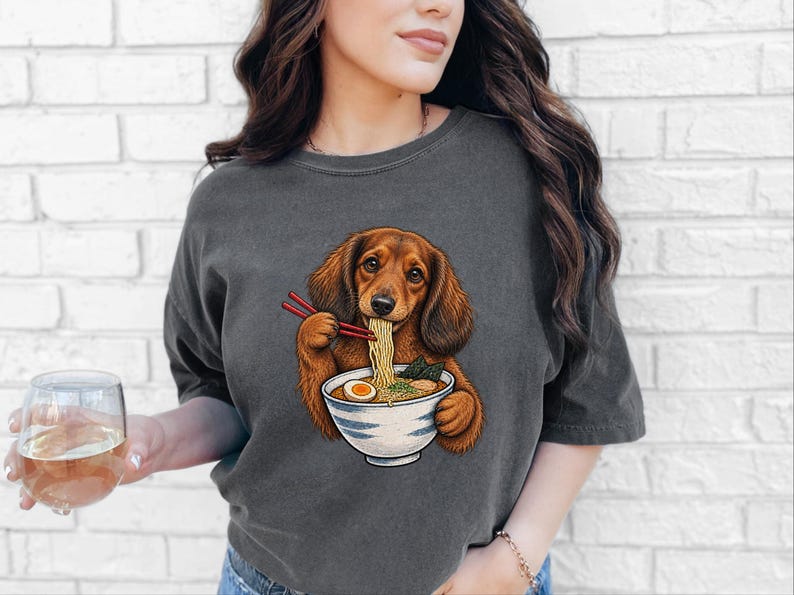 Dachshund Ramen Shirt, Wiener Dog Gift, Long Haired Doxie Tee, Japanese Food Art, Noodle Lover Shirt, Doxie Mom Gift image 4