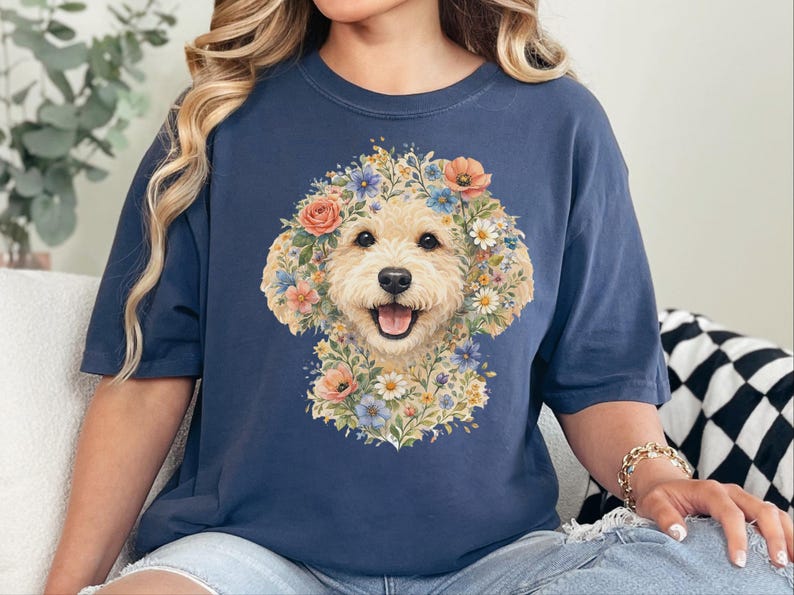 Comfort Colors Golden Labradoodle Shirt, Labradoodle Floral Face Design, Goldendoodle Mom Watercolor Pet Art, Cottagecore Print image 1