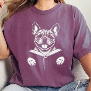 French Bulldog Reading Shirt, Bookish Dog Tee, Frenchie Mom Gift, Dog Lover Book Tee, Vintage French Bulldog Shirt image 1